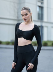 FREYA - FrillFlutter Long Sleeves Crop Top - Black - VECTOR SPORTSWEAR