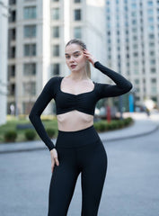 FREYA - FrillFlutter Long Sleeves Crop Top - Black - VECTOR SPORTSWEAR
