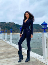 IDUN - ZIPPER LONG SLEEVES JUMPSUIT WITH BELT - BLACK - VECTOR SPORTSWEAR