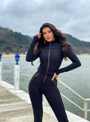 IDUN - ZIPPER LONG SLEEVES JUMPSUIT WITH BELT - BLACK - VECTOR SPORTSWEAR