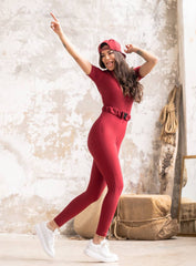 SNOTRA - ZIPPER SHORT SLEEVES JUMPSUIT WITH BELT - MAROON - VECTOR SPORTSWEAR