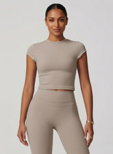 CoreFlow Short‑Sleeve Crop Top - Ivory Beige - VECTOR SPORTSWEAR