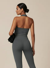Vector Sportswear Essential Crop Top – Dark Gray, sleek V-neck activewear top designed for comfort, style, and movement.