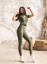 SNOTRA - ZIPPER SHORT SLEEVES JUMPSUIT WITH BELT - KHAKI - VECTOR SPORTSWEAR
