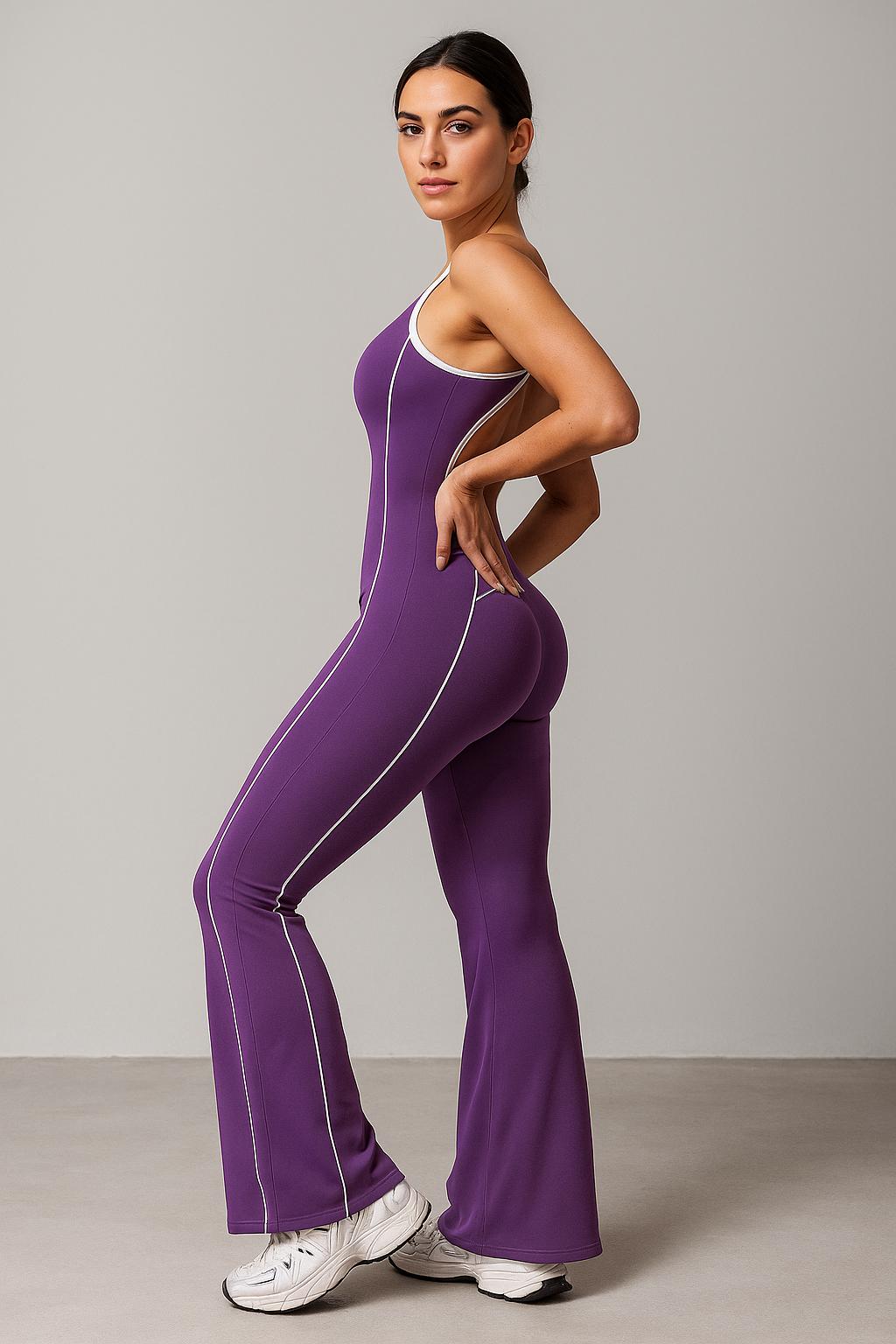 AURA – Hollow Back Yoga Jumpsuit - Dark Reddish Purple
