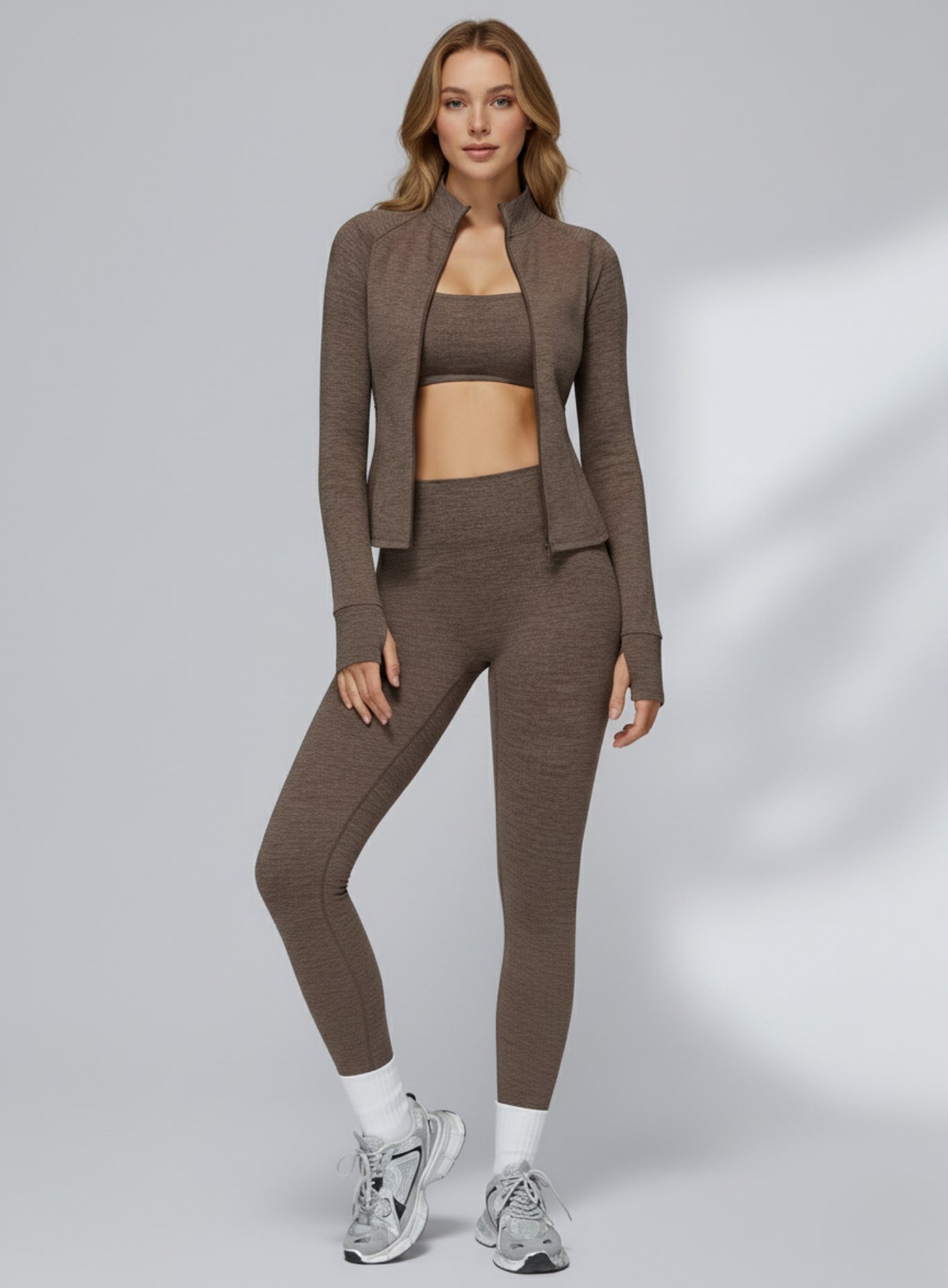 Model wearing CloudSense brushed seamless high-waist leggings with peach-lift sculpt design| Vectorsportswear