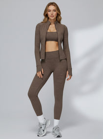 Model wearing CloudSense brushed seamless high-waist leggings with peach-lift sculpt design| Vectorsportswear