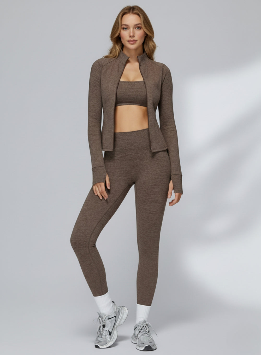 Model wearing CloudSense brushed seamless high-waist leggings with peach-lift sculpt design| Vectorsportswear