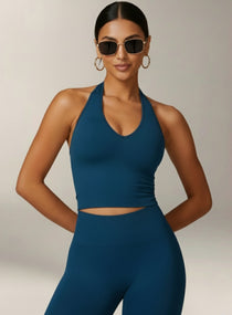 Vector Sportswear Essential Crop Top –  Petroleum Blue, sleek V-neck activewear top designed for comfort, style, and movement.