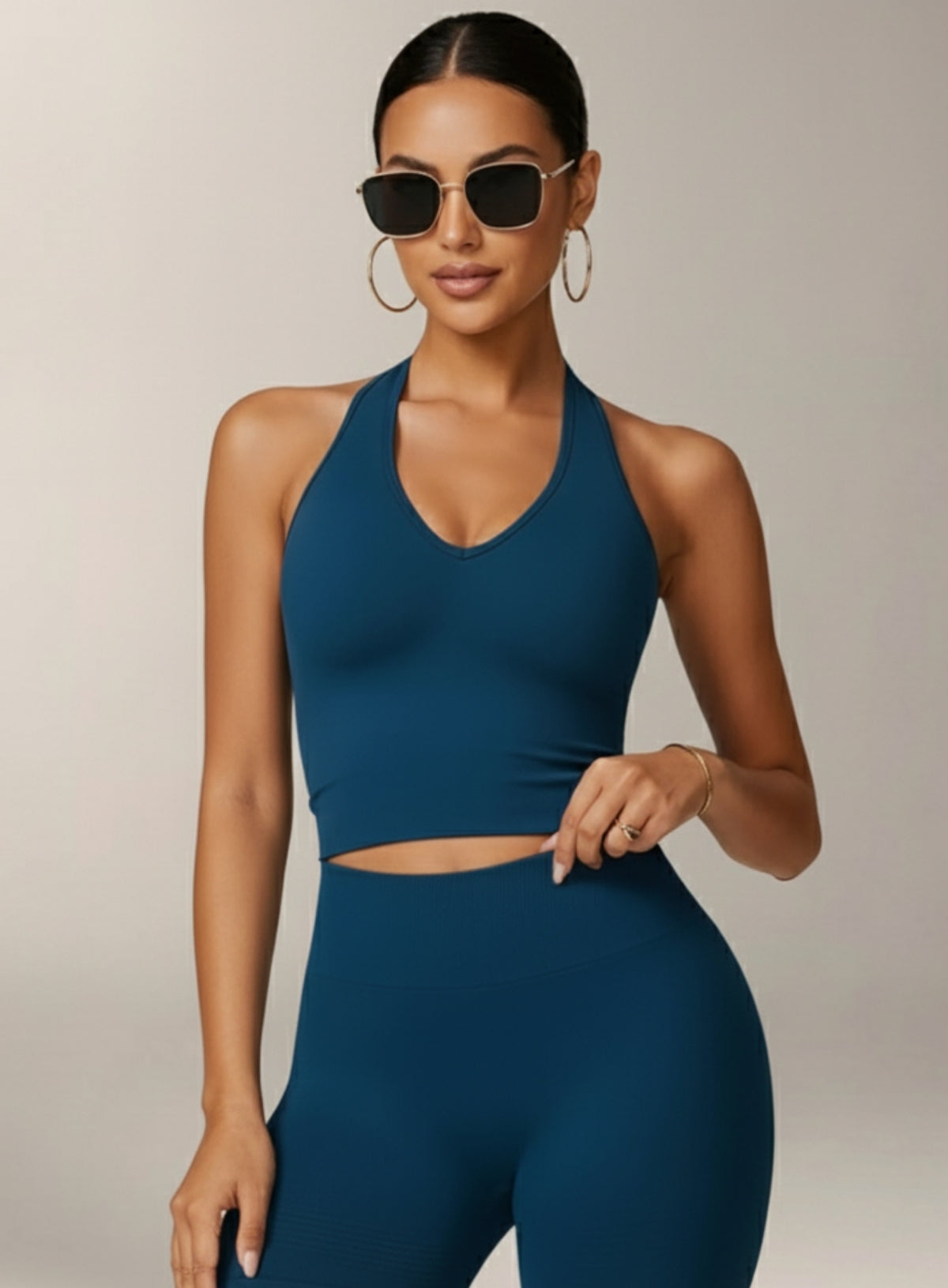 Vector Sportswear Essential Crop Top –  Petroleum Blue, sleek V-neck activewear top designed for comfort, style, and movement.