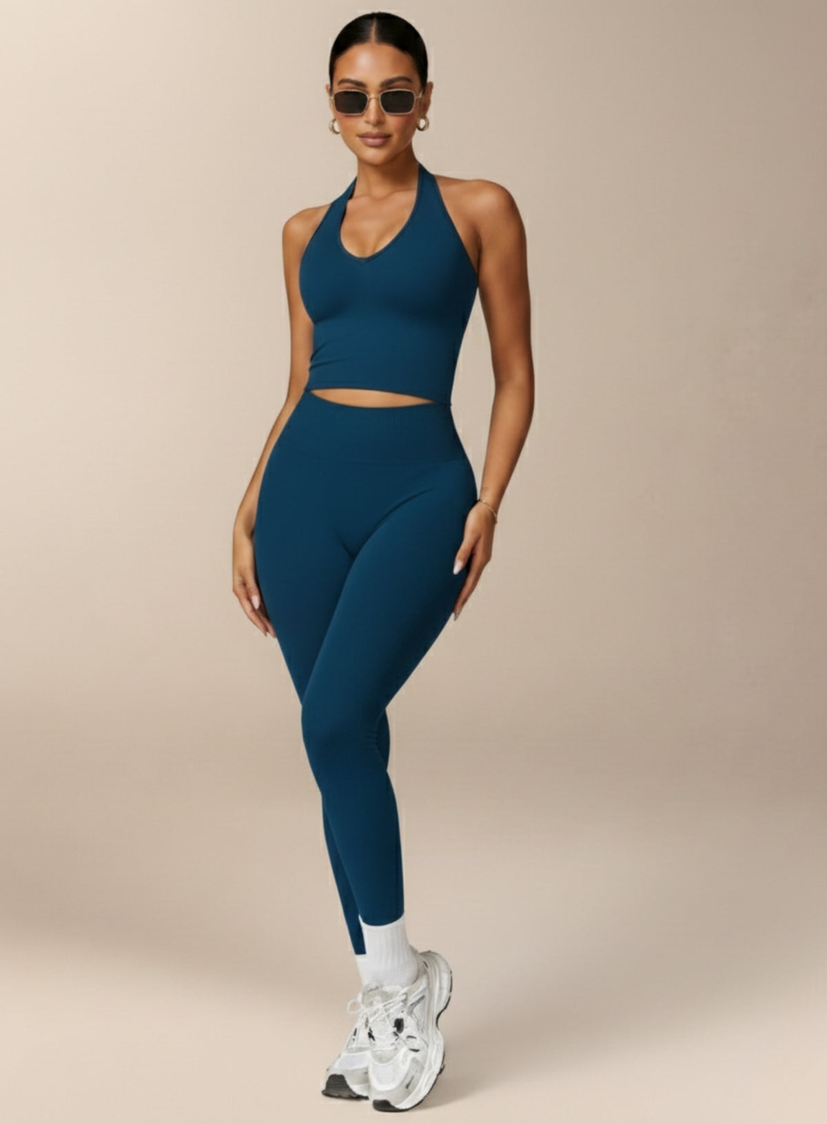 Vector Sportswear Essential Crop Top –  Petroleum Blue, sleek V-neck activewear top designed for comfort, style, and movement.