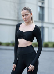 FREYA - FrillFlutter Long Sleeves Crop Top - Black