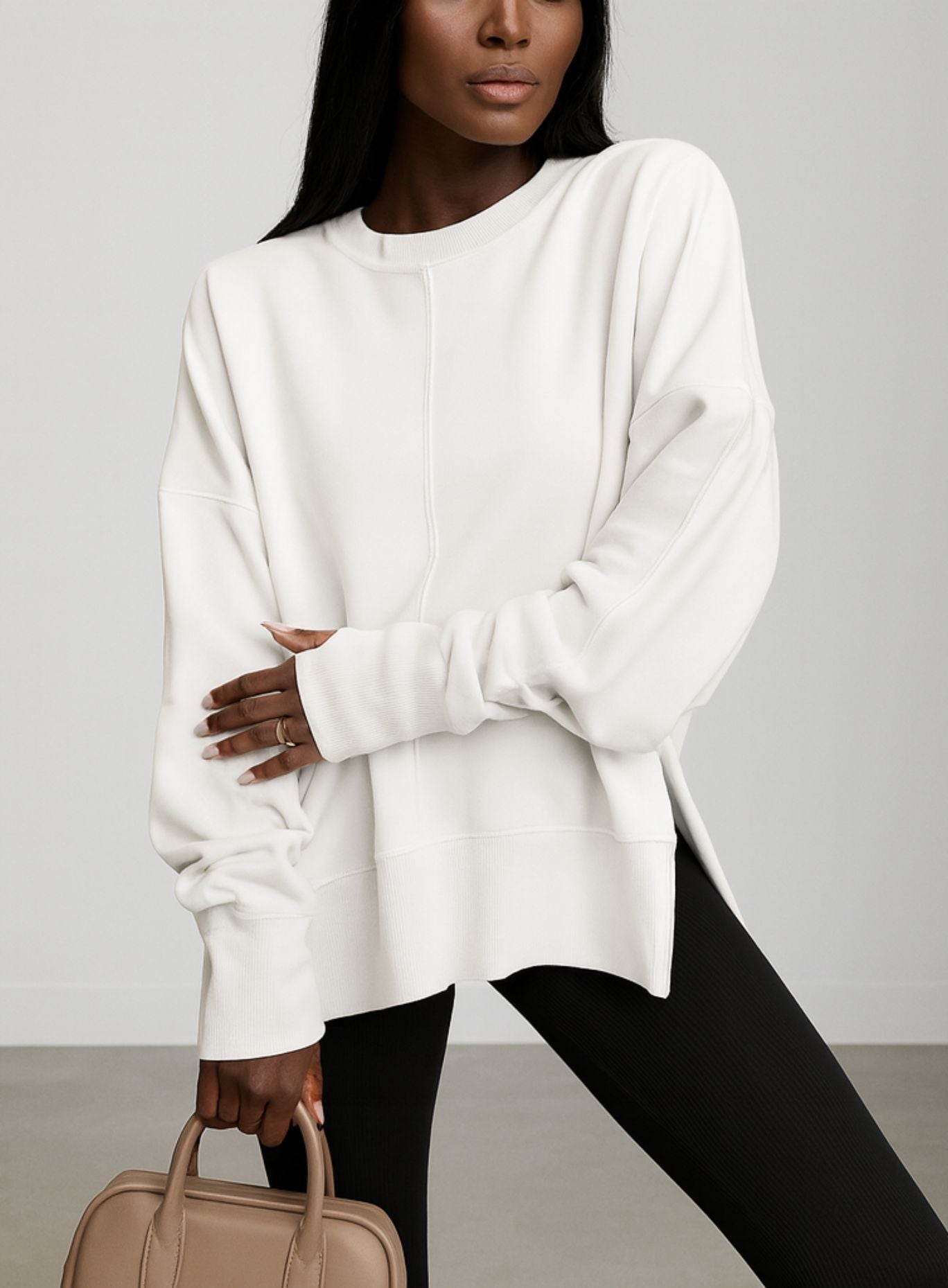 Oversized Round Neck Pullover - White