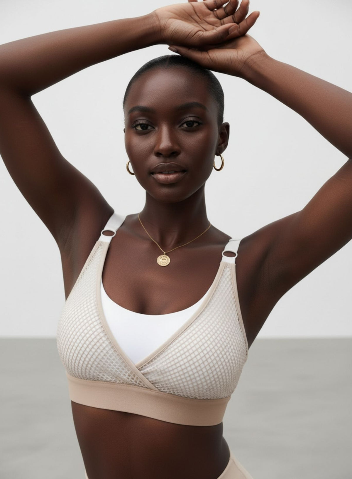 Performance Mesh Sports Bra - Khaki & White