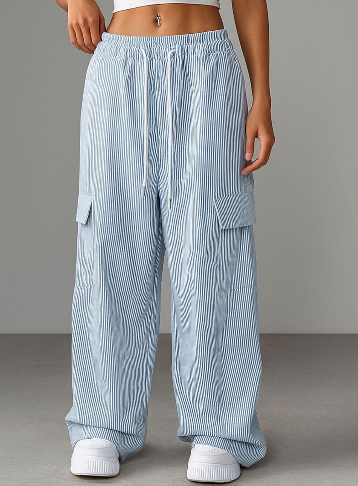 Striped Cargo Lounge Pants - White & Blue - VECTOR SPORTSWEAR