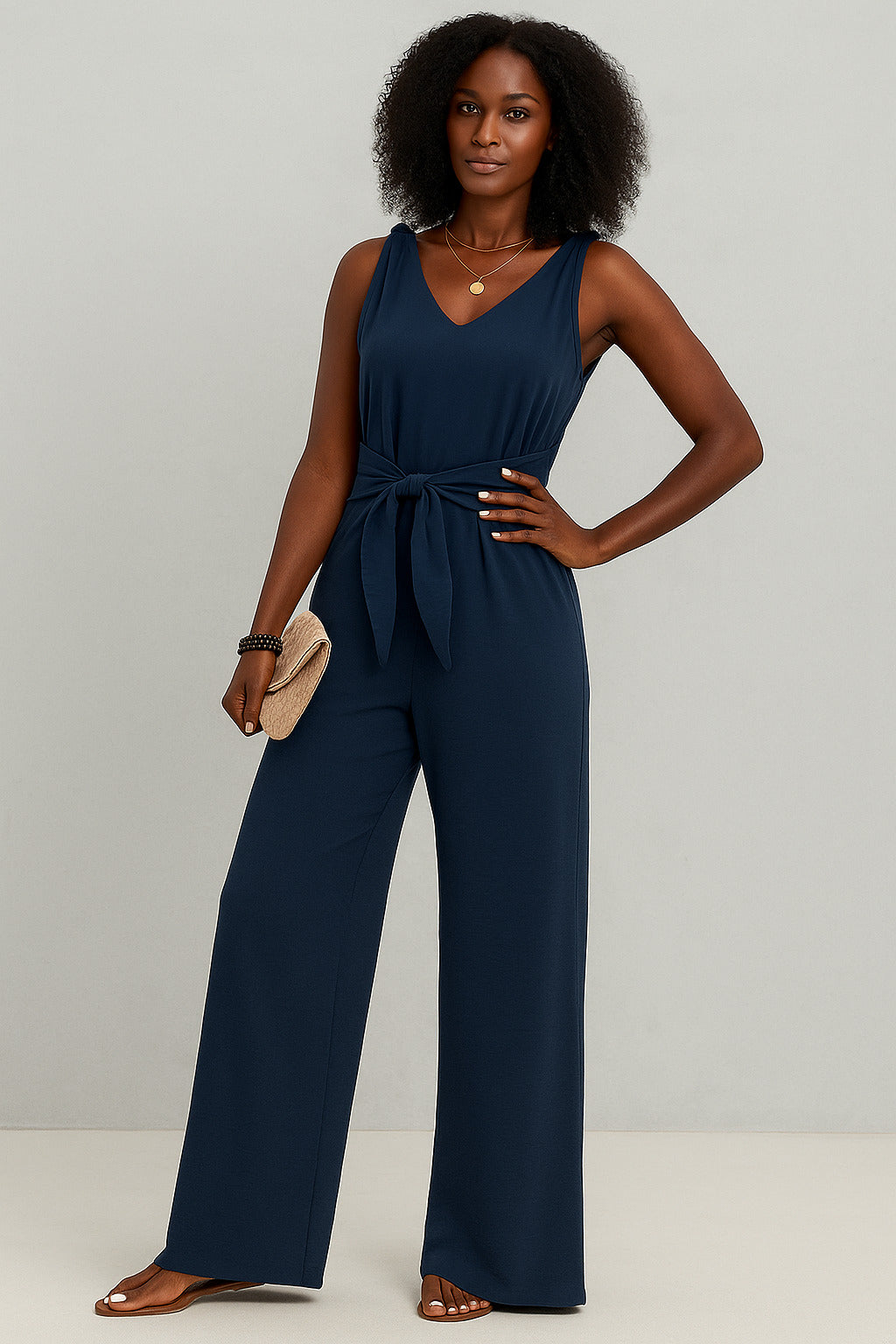 VELA – Twist Strap V-Neck Jumpsuit - Navy Blue