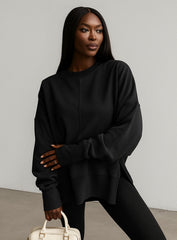 Oversized Round Neck Pullover - Black