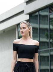 SKADI - OFF SHOULDER SHORT SLEEVE CROP TOP - BLACK