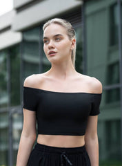 SKADI - OFF SHOULDER SHORT SLEEVE CROP TOP - BLACK