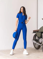 SNOTRA - ZIPPER SHORT SLEEVES JUMPSUIT WITH BELT - BLUE