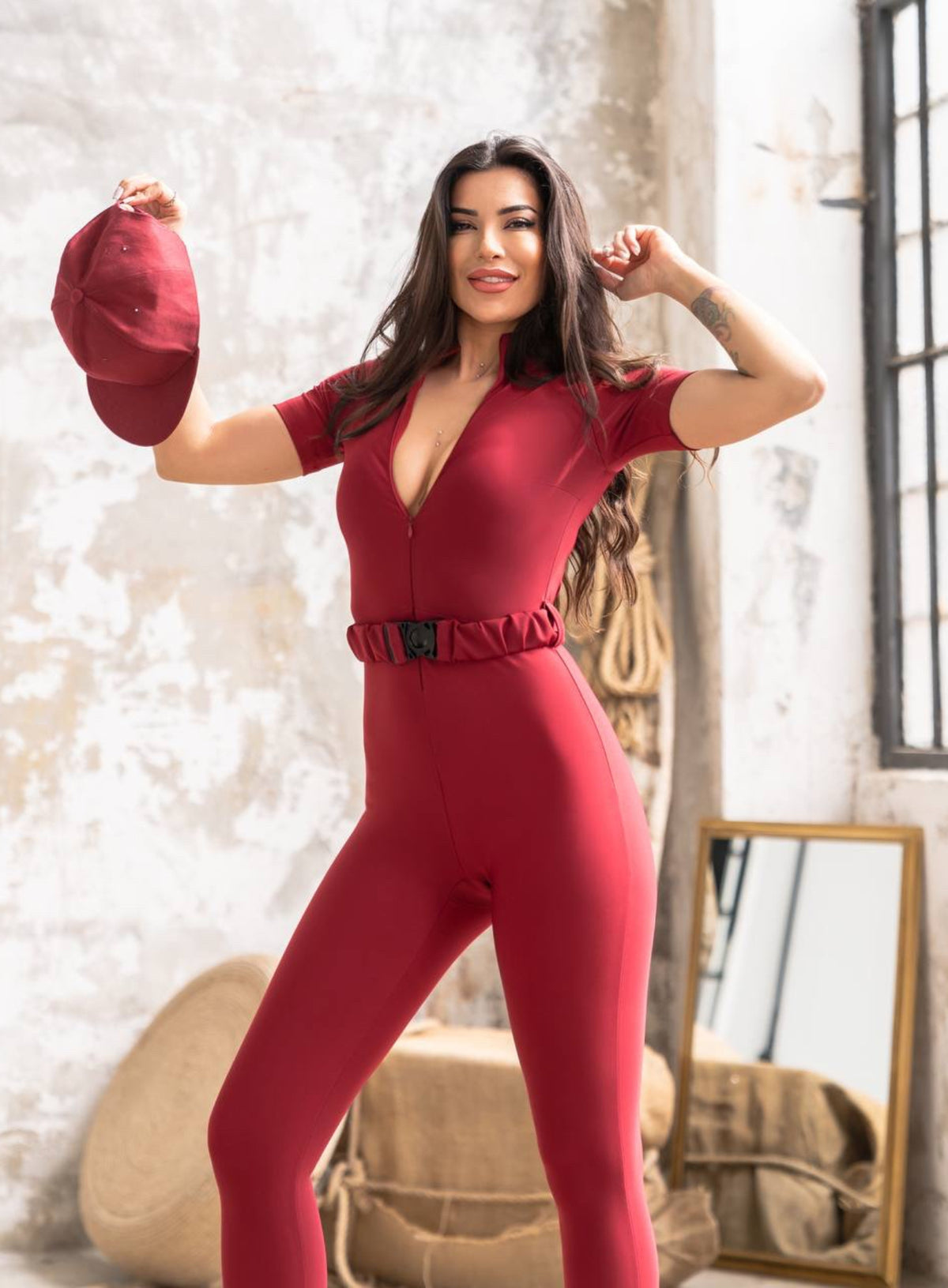 SNOTRA - ZIPPER SHORT SLEEVES JUMPSUIT WITH BELT - MAROON