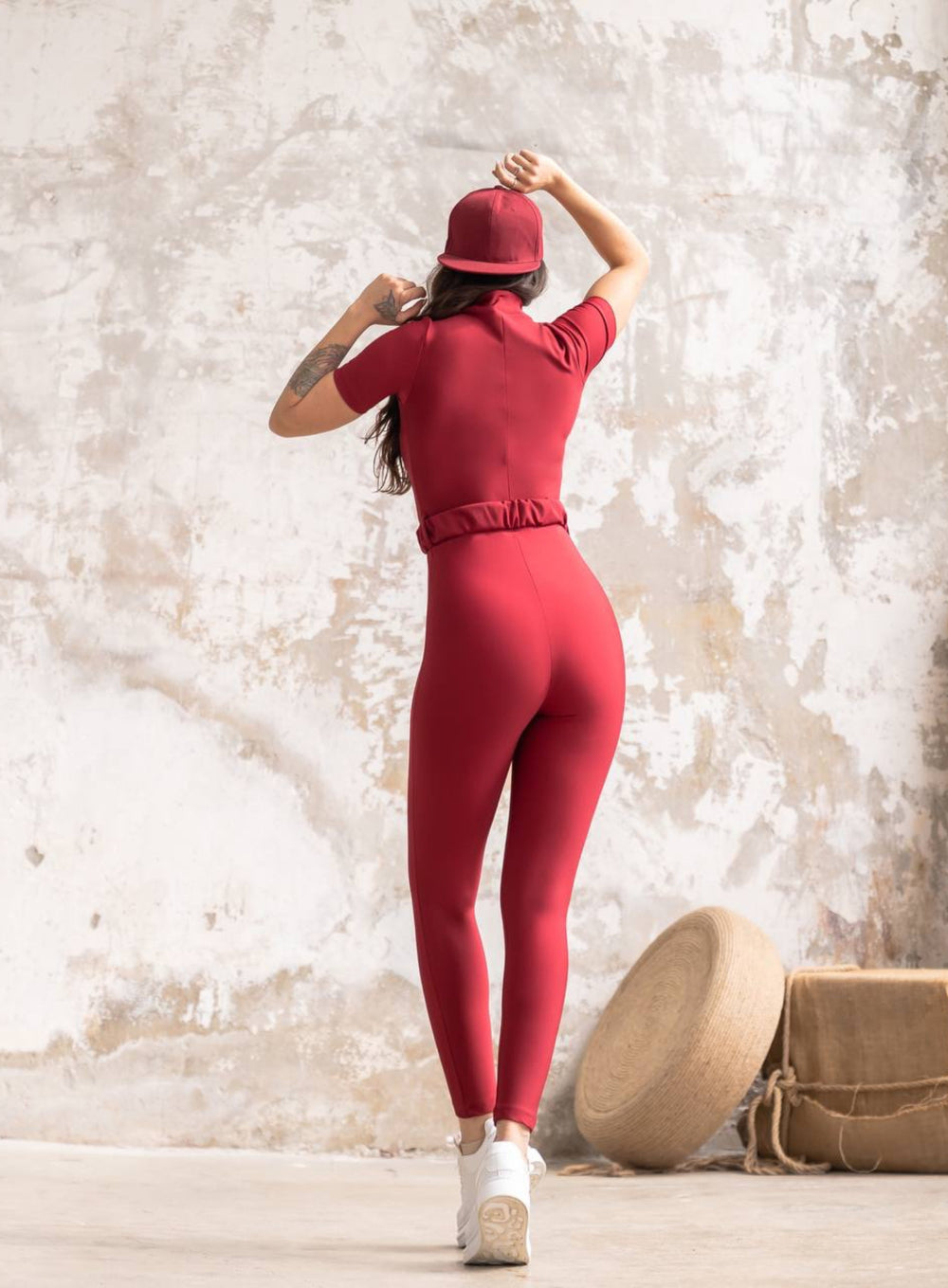 SNOTRA - ZIPPER SHORT SLEEVES JUMPSUIT WITH BELT - MAROON - VECTOR SPORTSWEAR