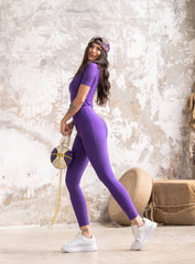 SNOTRA - ZIPPER SHORT SLEEVES JUMPSUIT WITH BELT - PURPLE