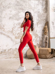 SNOTRA - ZIPPER SHORT SLEEVES JUMPSUIT WITH BELT - RED