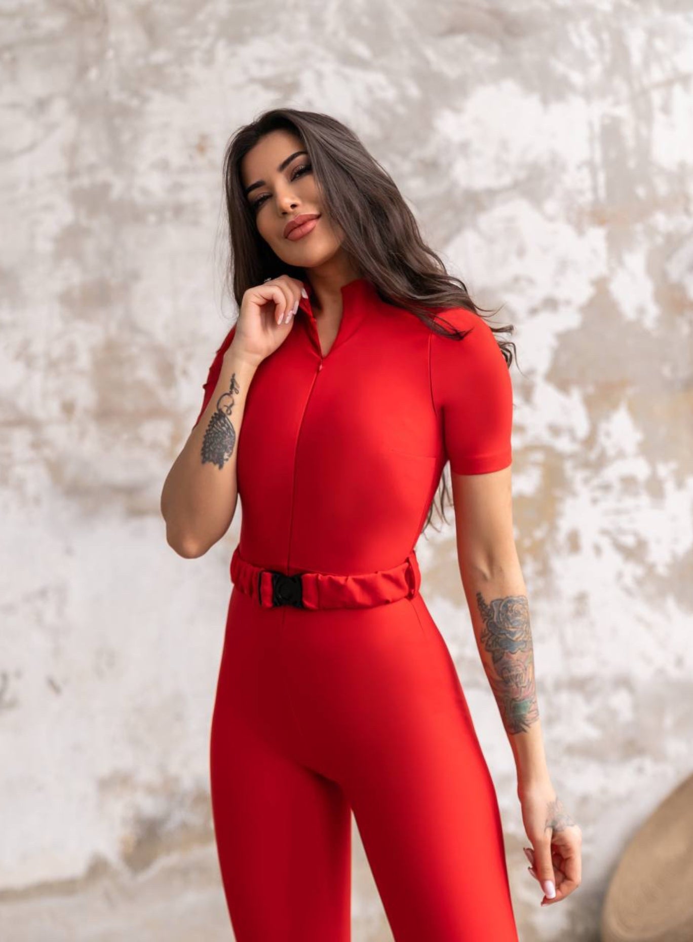 SNOTRA - ZIPPER SHORT SLEEVES JUMPSUIT WITH BELT - RED