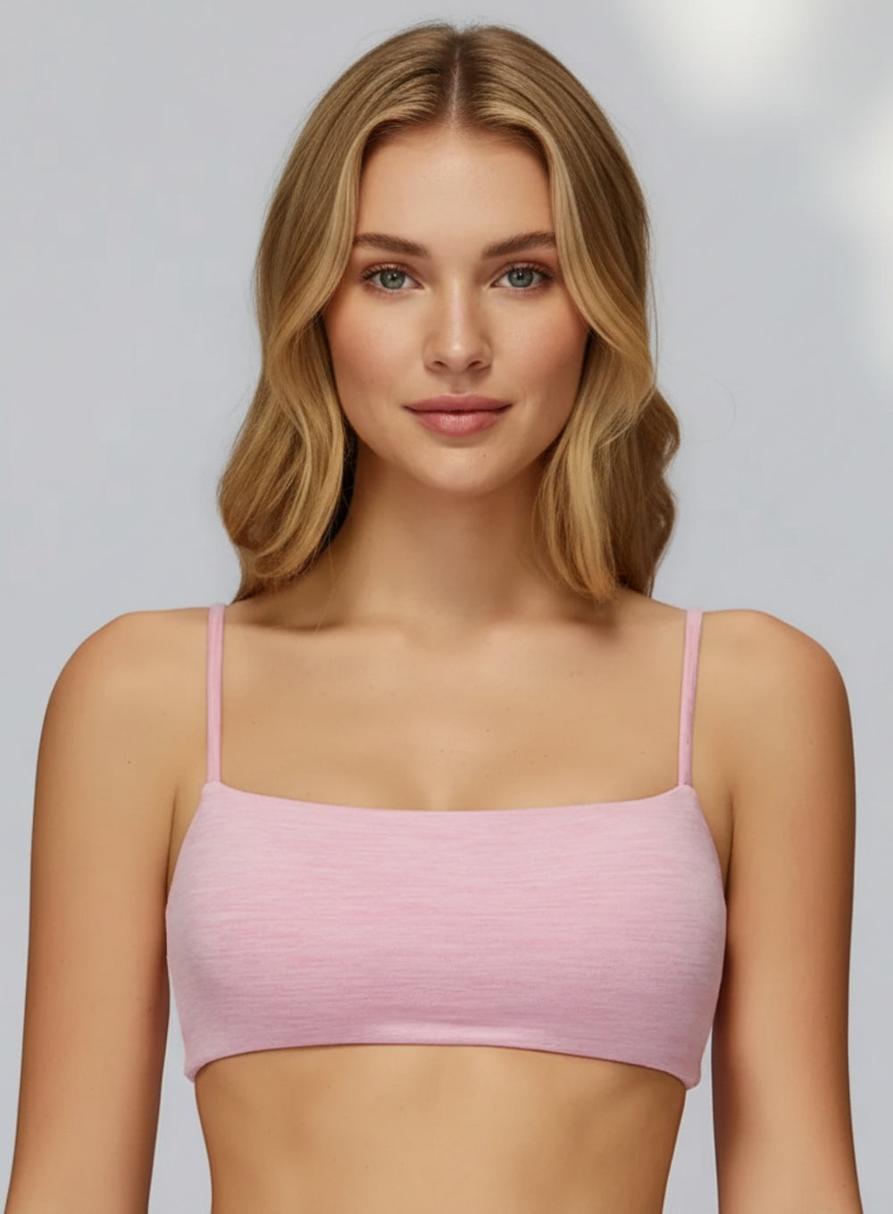 Front view of CloudSense Brushed Sports Bra in pink seamless design with smooth sculpting fit | Vectorsportswear