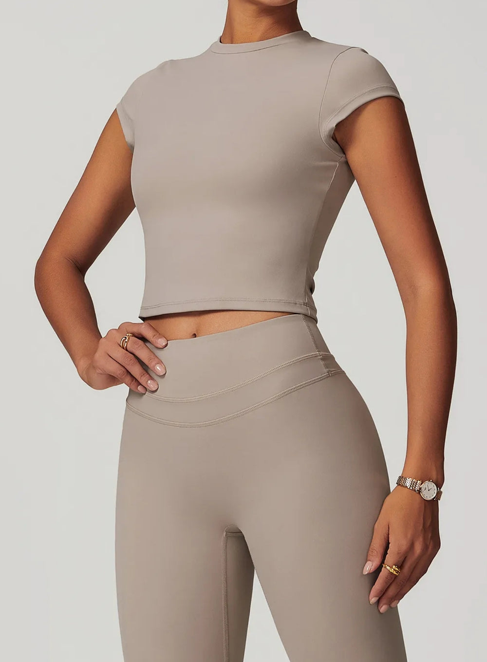 CoreFlow Short‑Sleeve Crop Top - Ivory Beige - VECTOR SPORTSWEAR