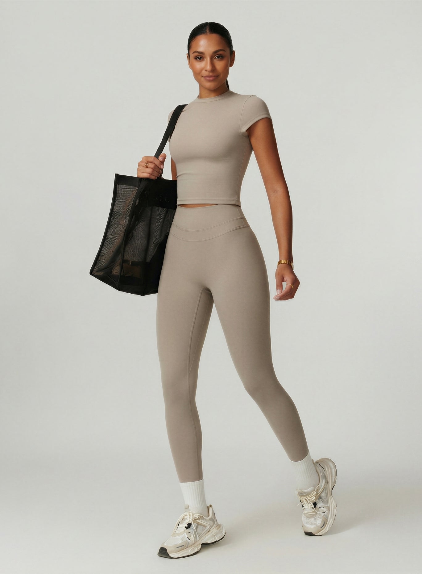 CoreFlow Short‑Sleeve Crop Top - Ivory Beige - VECTOR SPORTSWEAR