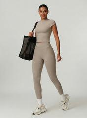 CoreFlow Short‑Sleeve Crop Top - Ivory Beige - VECTOR SPORTSWEAR