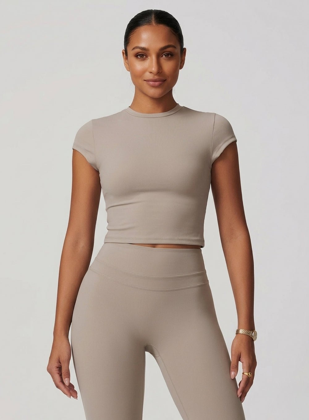 CoreFlow Short‑Sleeve Crop Top - Ivory Beige - VECTOR SPORTSWEAR