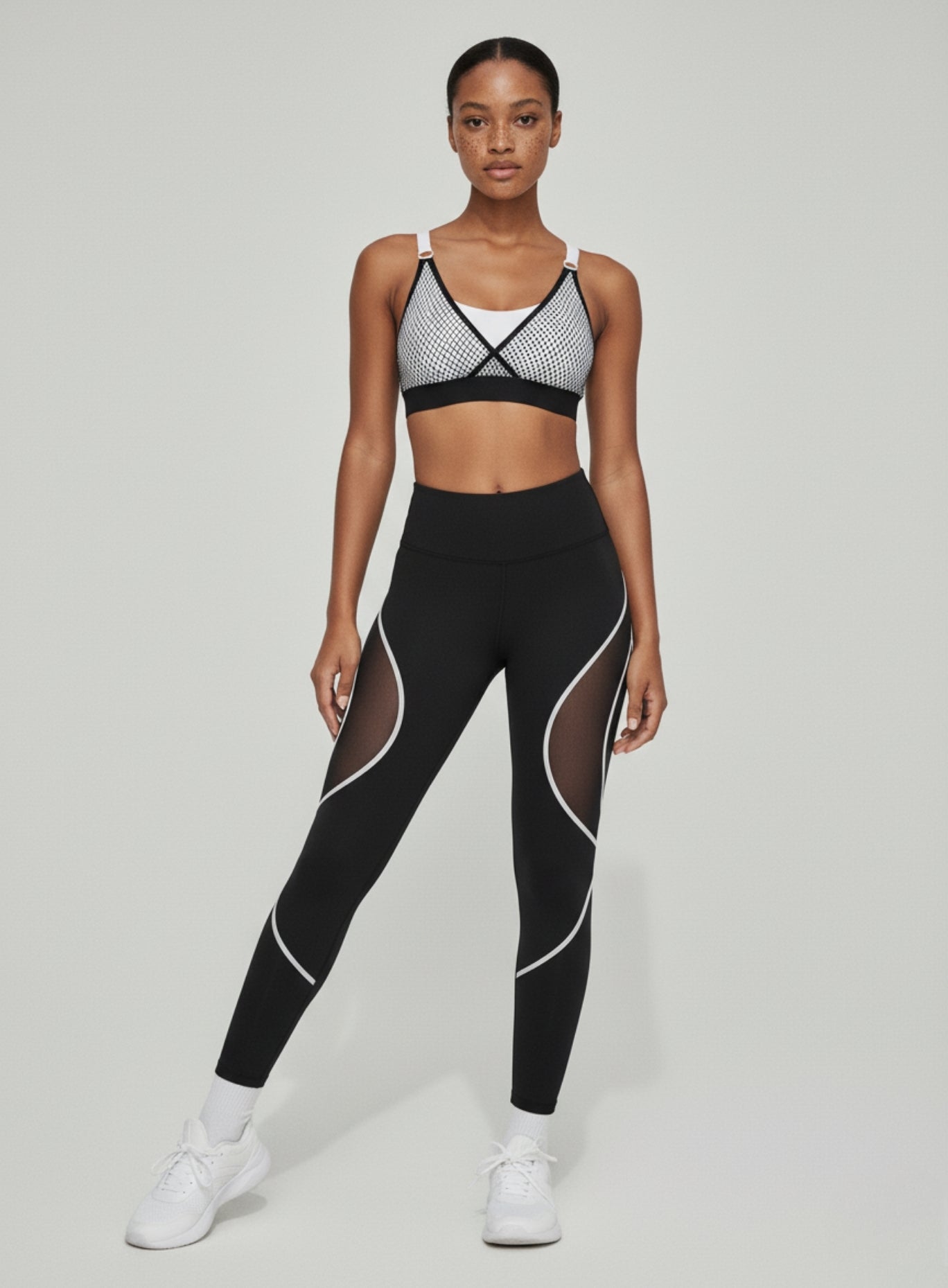 Front view of black and white Lacy Lattice V2 leggings with sculpt fit and lattice leg accents| Vectorsportswear