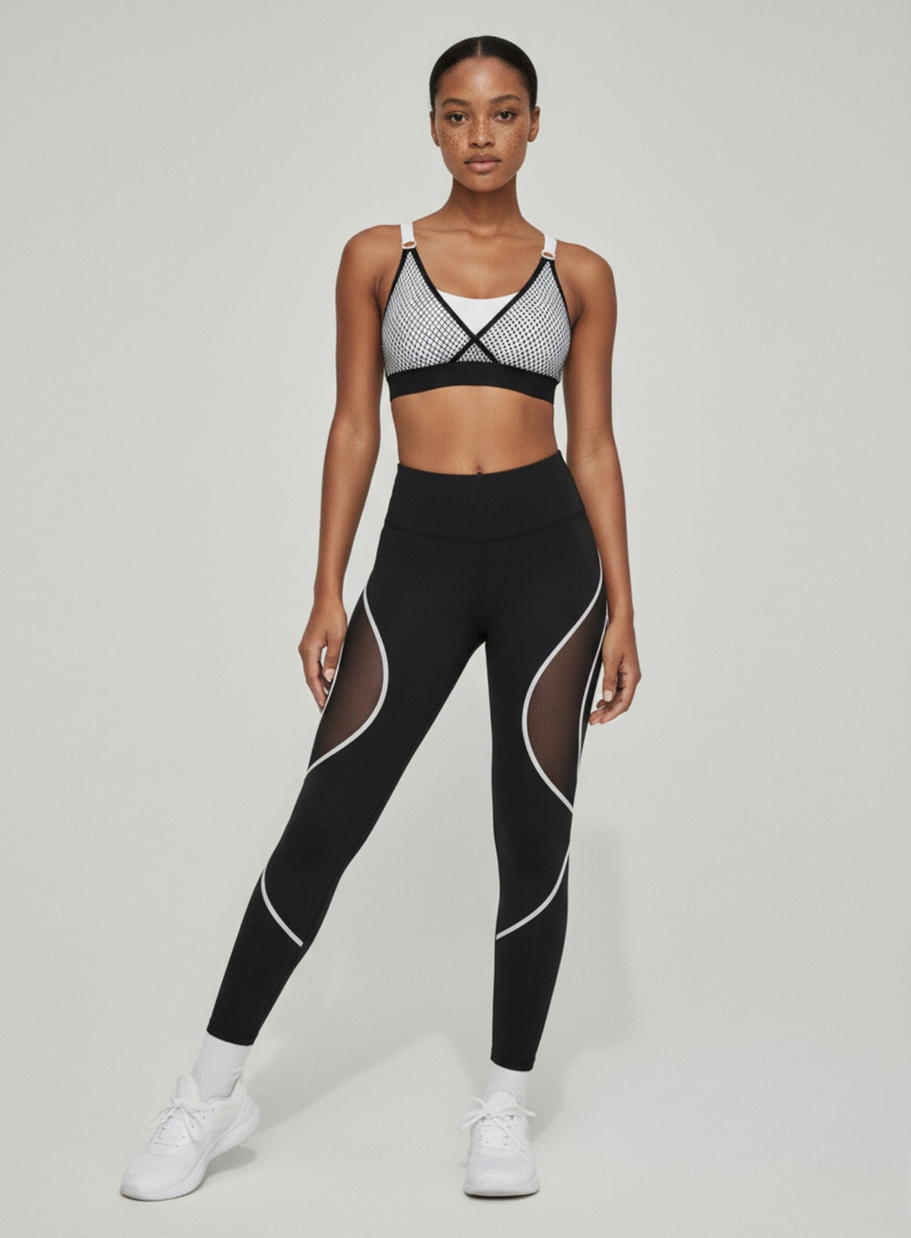 Front view of black and white Lacy Lattice V2 leggings with sculpt fit and lattice leg accents| Vectorsportswear