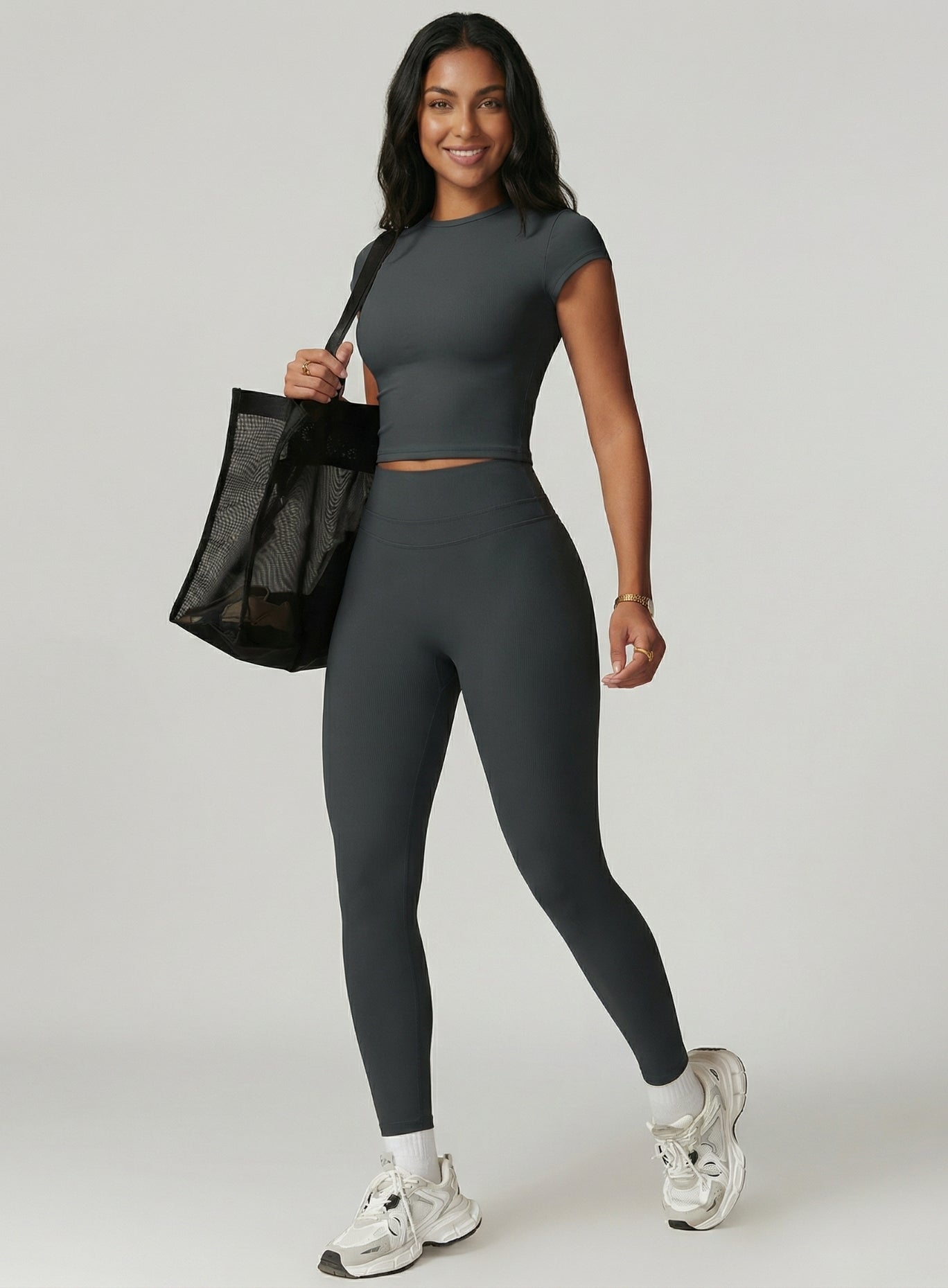 CoreFlow Short‑Sleeve Crop Top - Slate Grey - VECTOR SPORTSWEAR