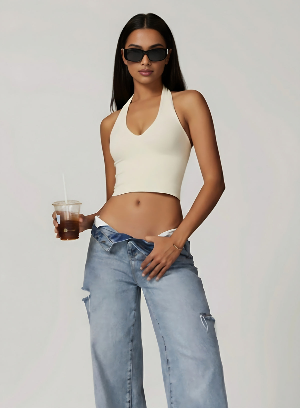 Vector Sportswear Essential Crop Top – Beige, sleek V-neck activewear top designed for comfort, style, and movement. Main image
