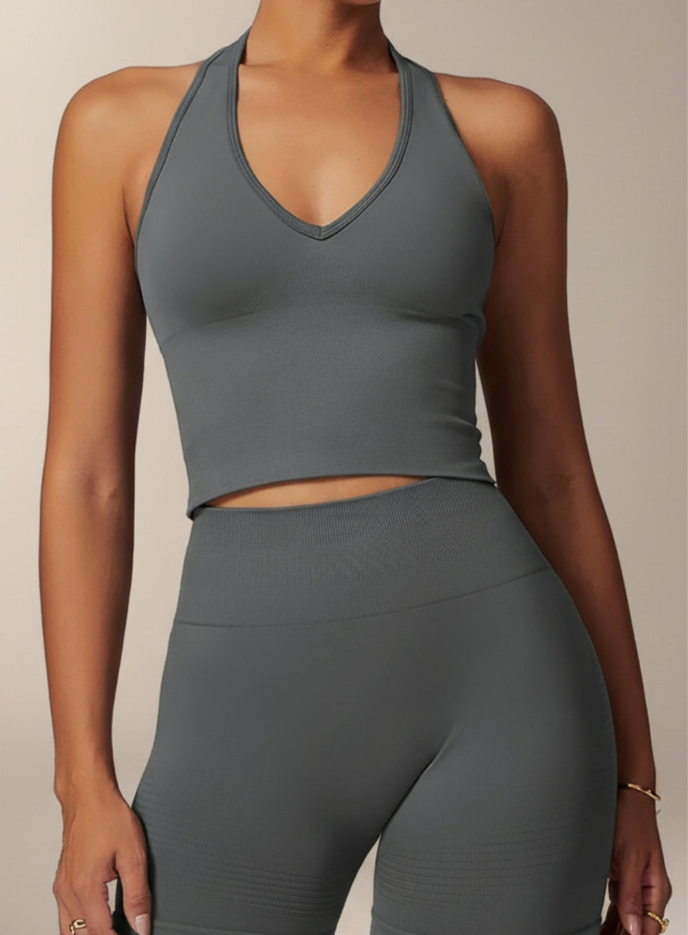 Vector Sportswear Essential Crop Top – Gray, sleek V-neck activewear top designed for comfort, style, and movement.