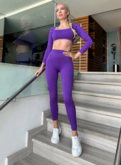 VESTA - HYDRAFIT RIBBED SEAMLESS LEGGING + CROP TOP LONG SLEEVE - FULL SET - PURPLE