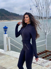 IDUN - ZIPPER LONG SLEEVES JUMPSUIT WITH BELT - BLACK