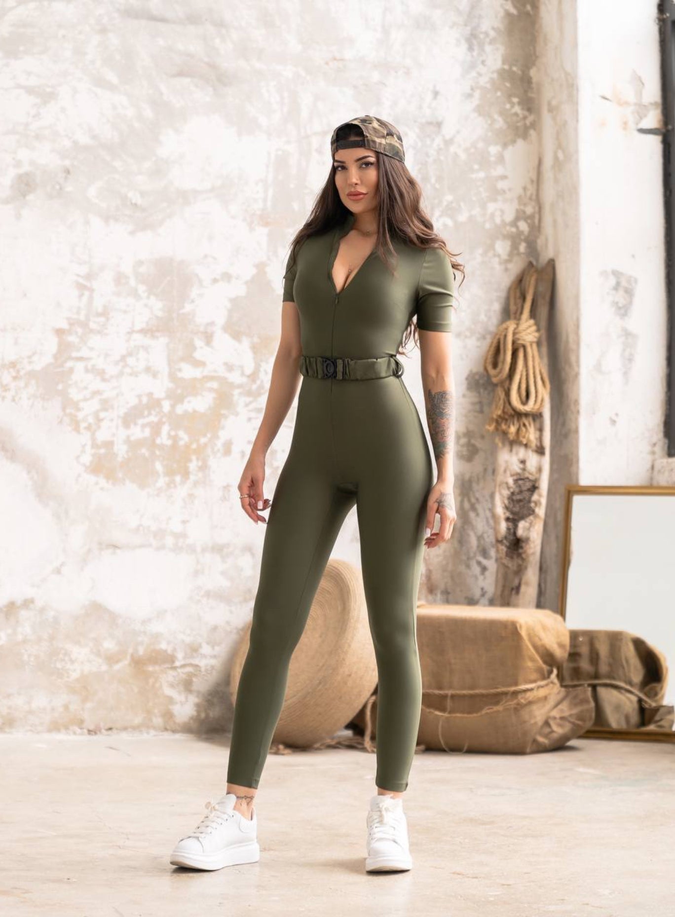 SNOTRA - ZIPPER SHORT SLEEVES JUMPSUIT WITH BELT - KHAKI