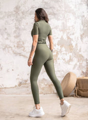 SNOTRA - ZIPPER SHORT SLEEVES JUMPSUIT WITH BELT - KHAKI