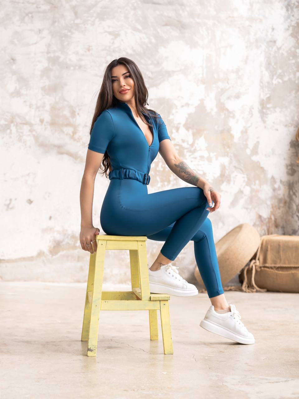 SNOTRA - ZIPPER SHORT SLEEVES JUMPSUIT WITH BELT - PETROLEUM BLUE